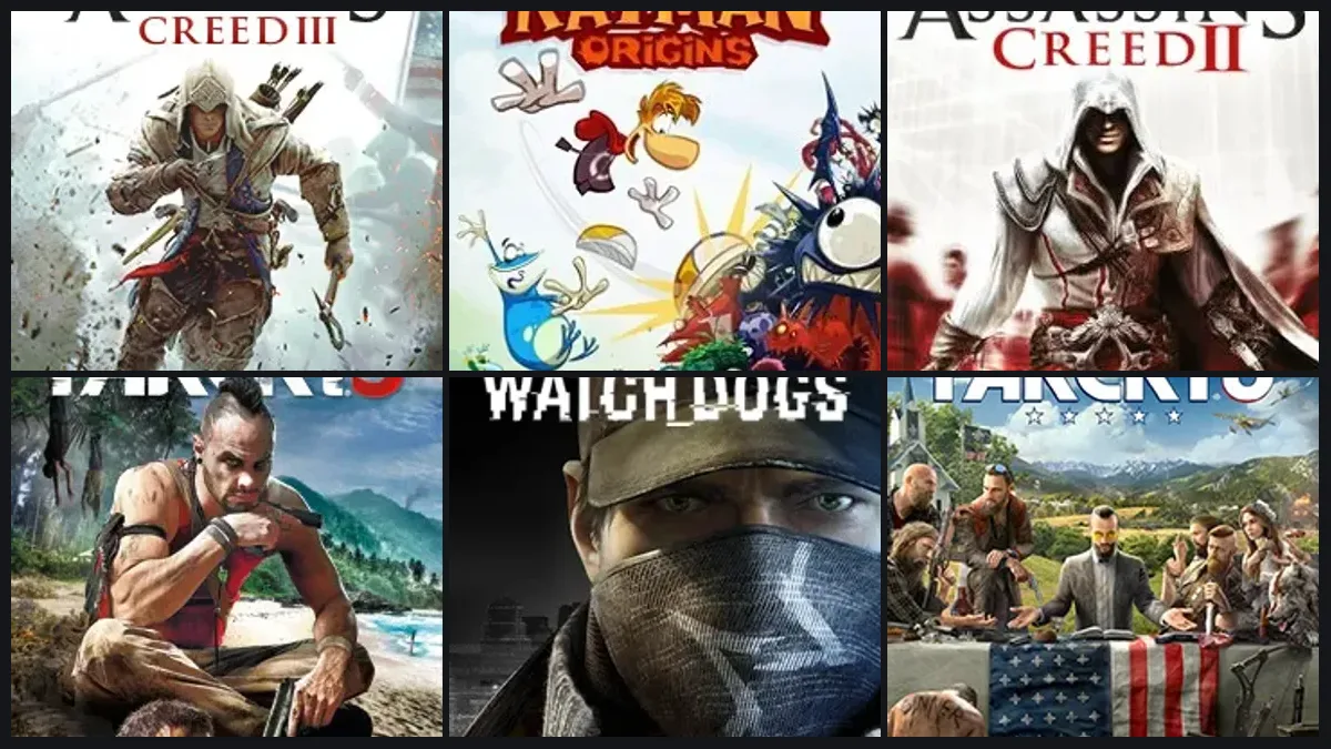 Contas de Ubisoft Connect com bibliotecas variadas — de campanhas single-player a perfis de Rainbow Six.